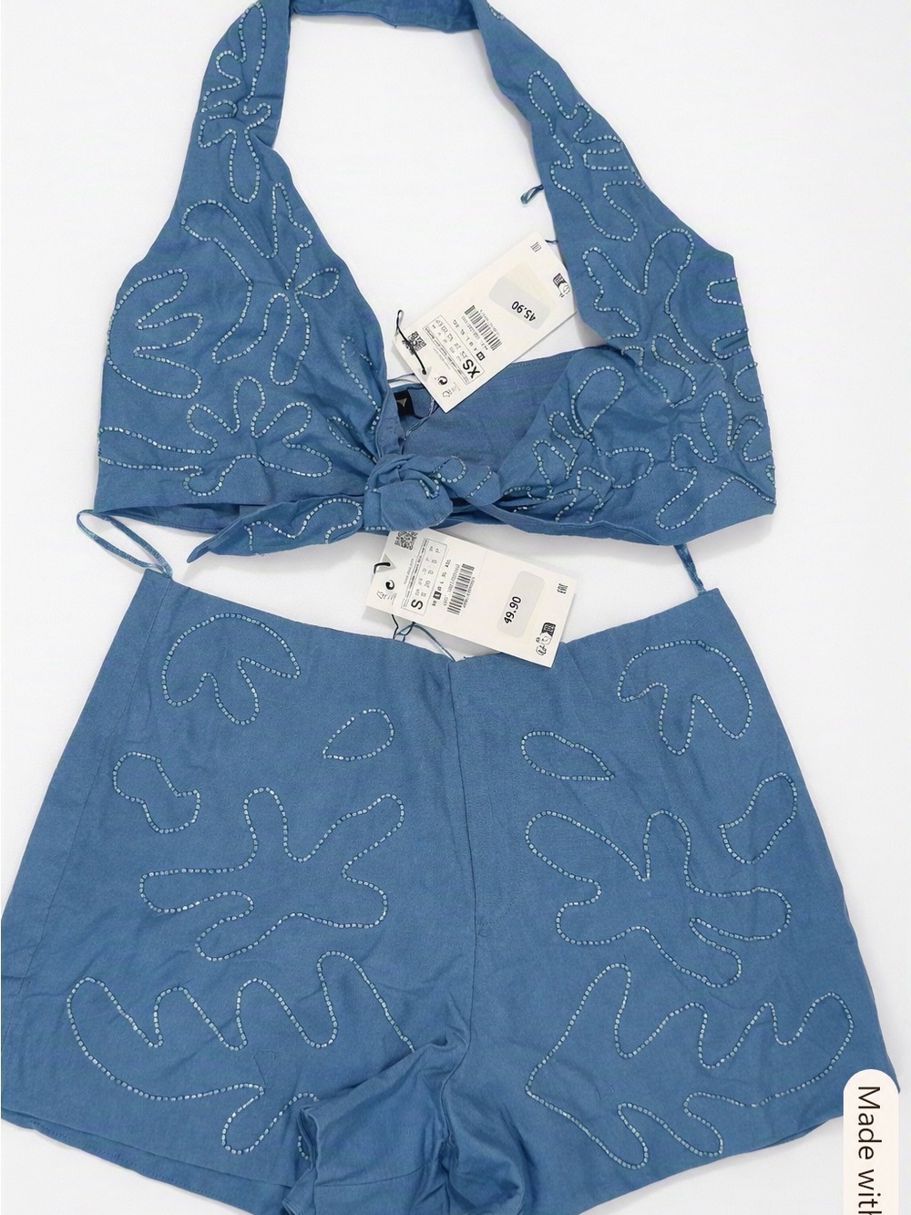 Zara Blue Embroidered Halter Crop Top & Shorts Set